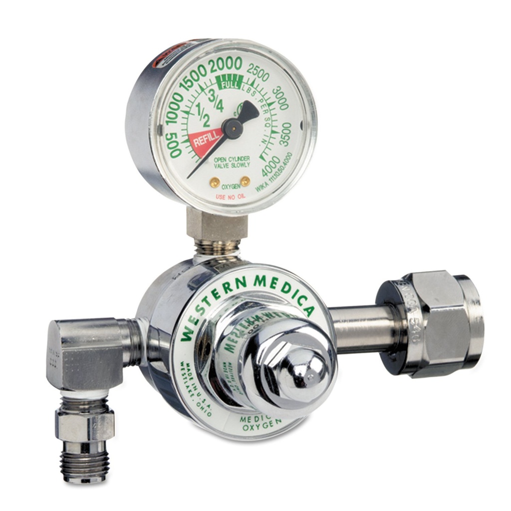 REGULADOR DE OXIGENO PRESETEADO A 50 PSI CGA-540 SALIDA 90° WESTERN MEDICA